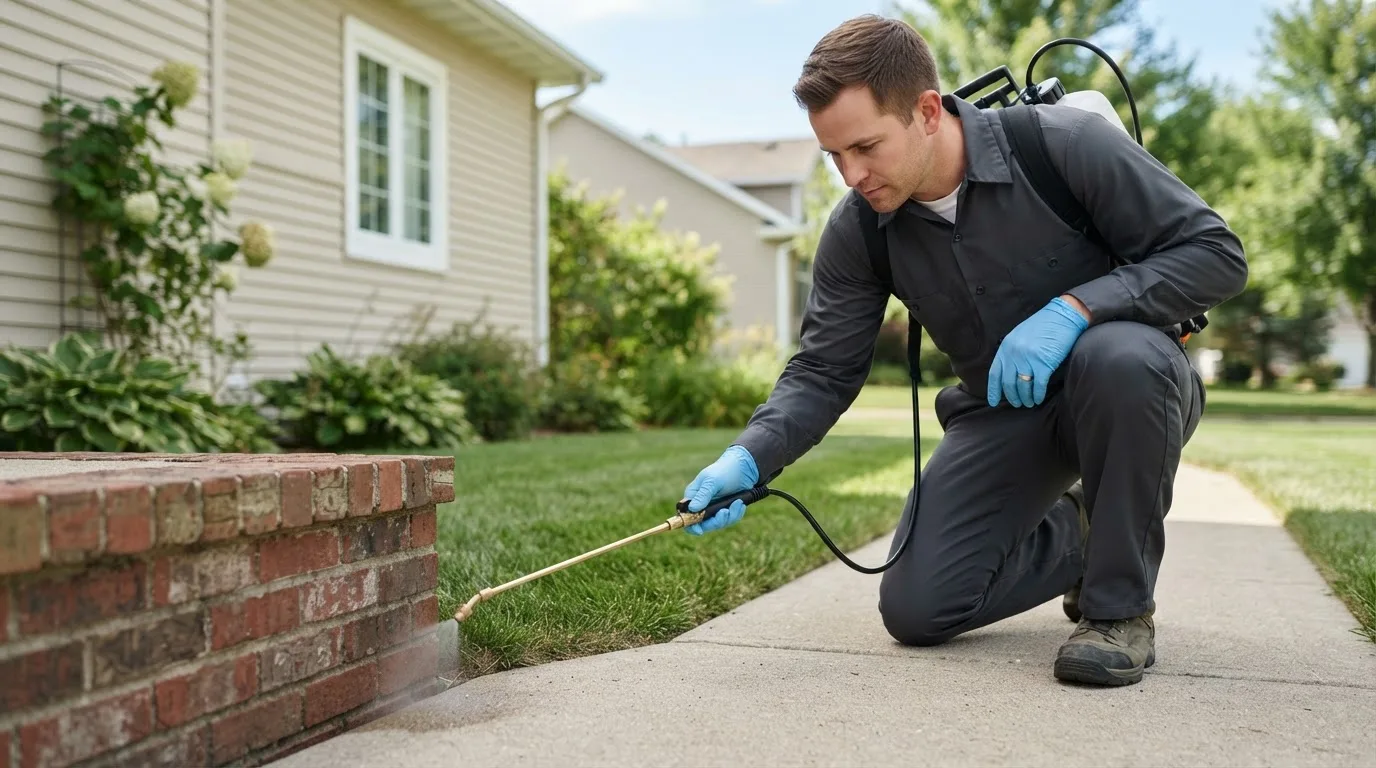 Pest control technician treating a home near Haworth, OK
