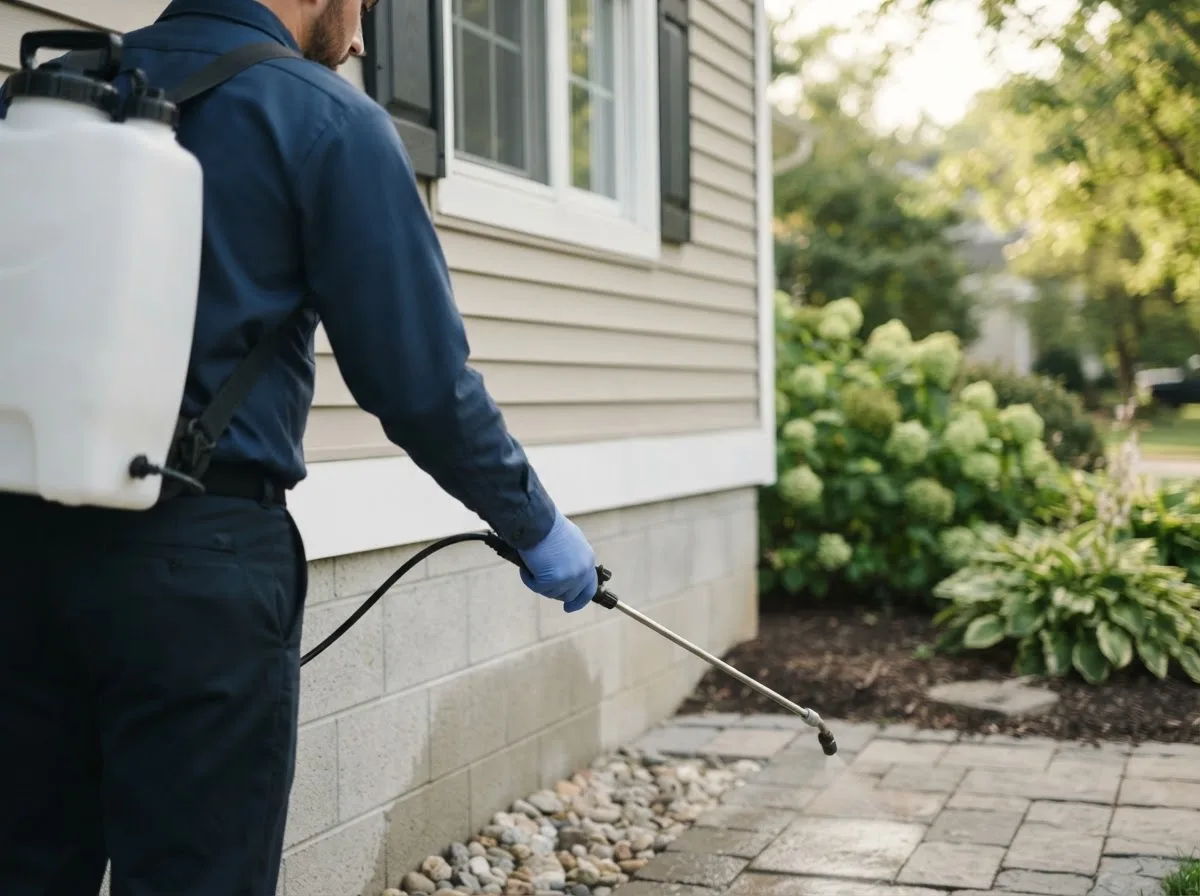 Pest control technician inspecting a home in Haworth, OK